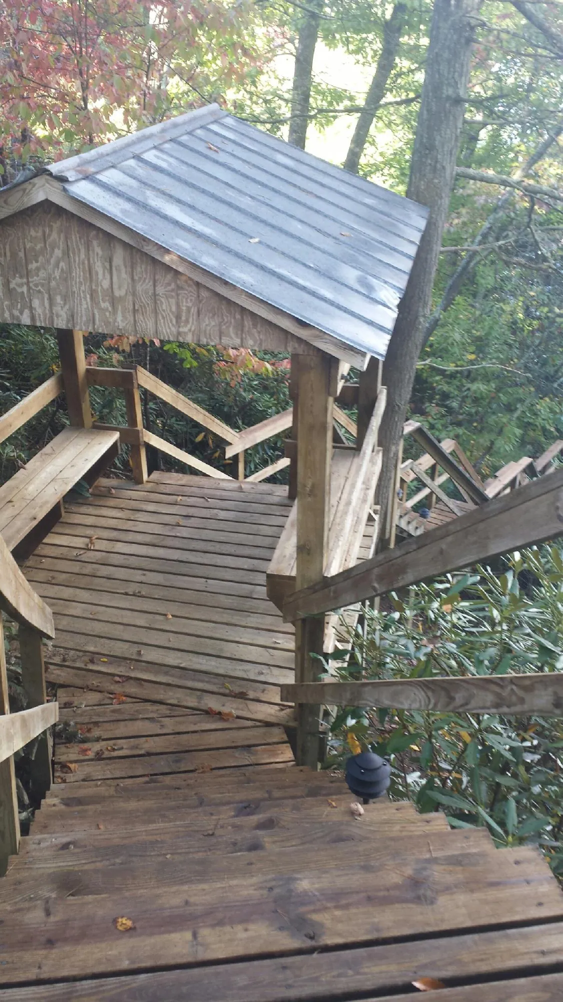 Metal roofed shelter over wooden steps on a wooded walkway — Skylight Repair & Installation work by our crew in Lenore